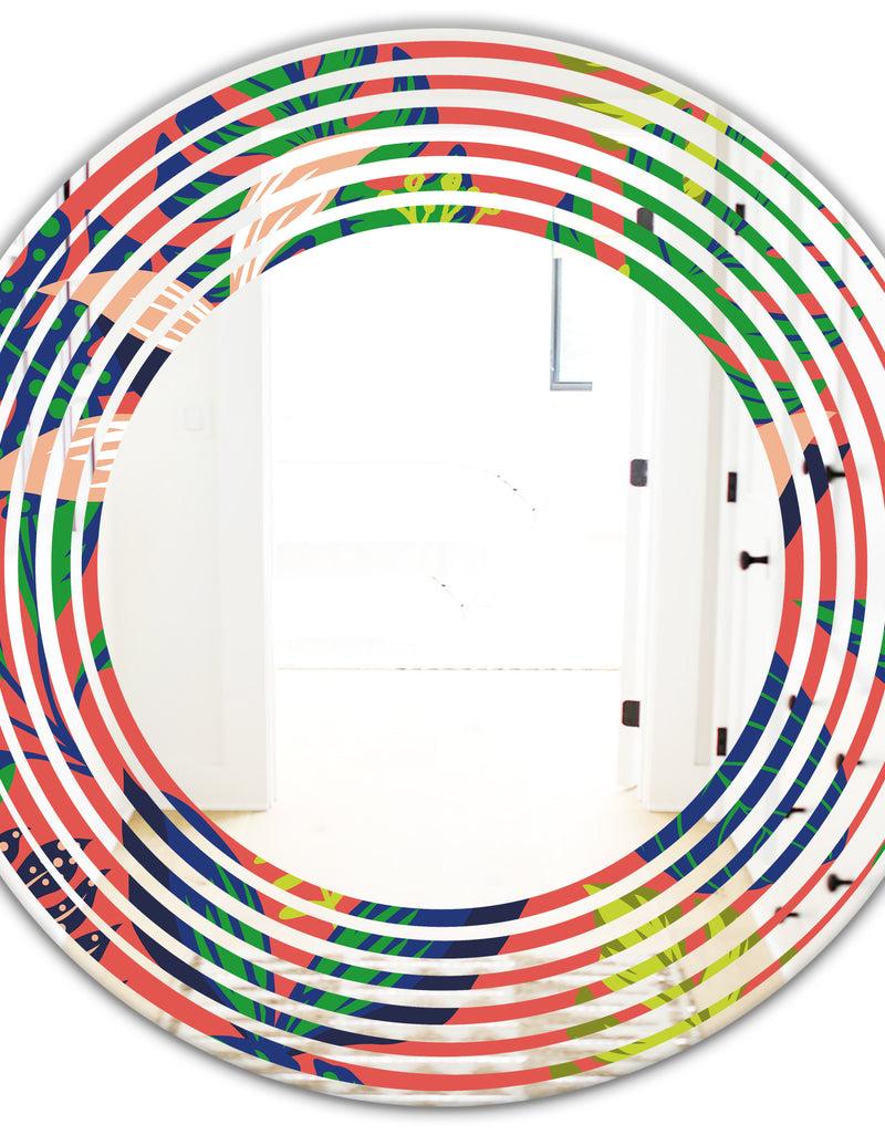 DesignQ Retro Tropical Leaves I - Modern Round Or Oval Wall Mirror - Wave