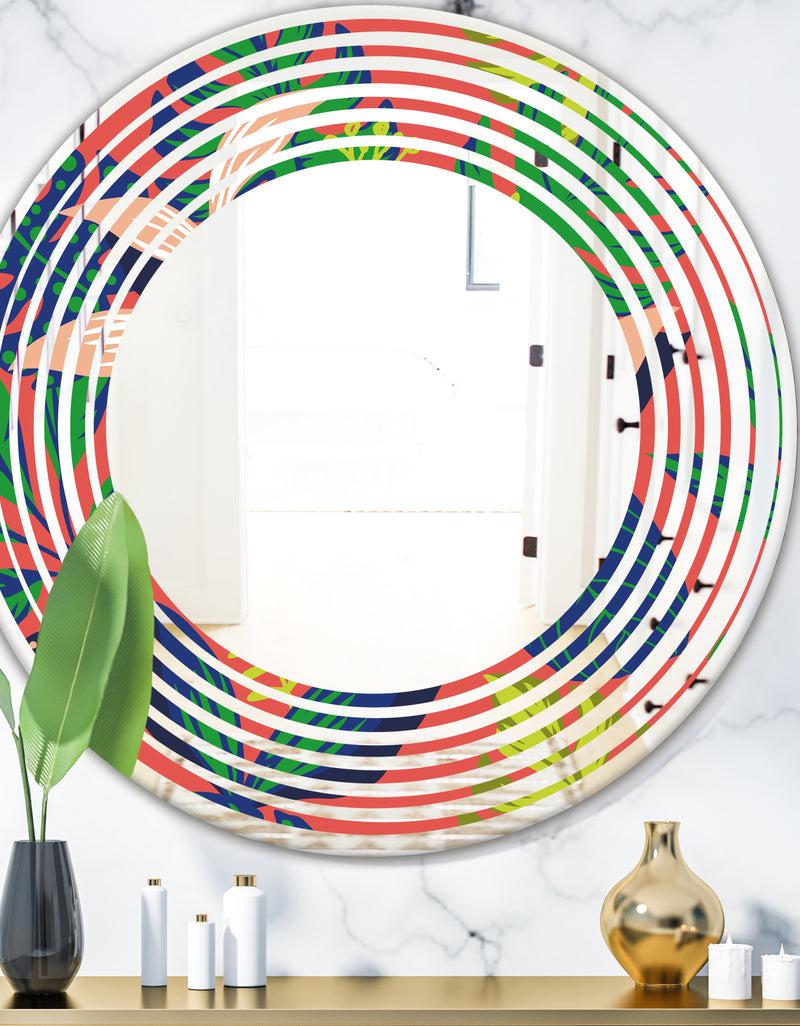 DesignQ Retro Tropical Leaves I - Modern Round or Oval Wall Mirror - Wave
