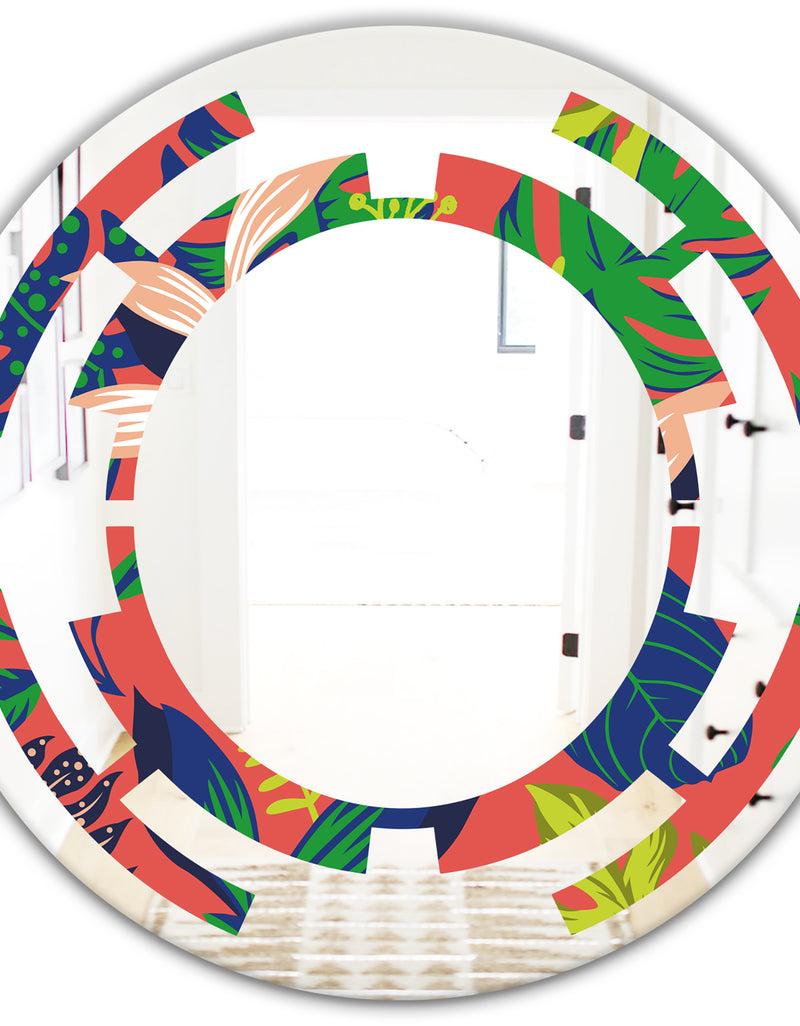 DesignQ Retro Tropical Leaves I - Modern Round Or Oval Wall Mirror - Space