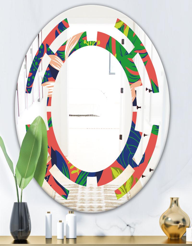 DesignQ Retro Tropical Leaves I - Modern Round Or Oval Wall Mirror - Space