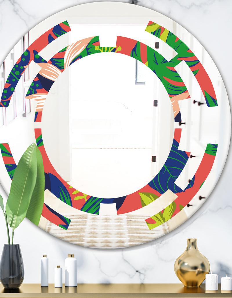 DesignQ Retro Tropical Leaves I - Modern Round or Oval Wall Mirror - Space