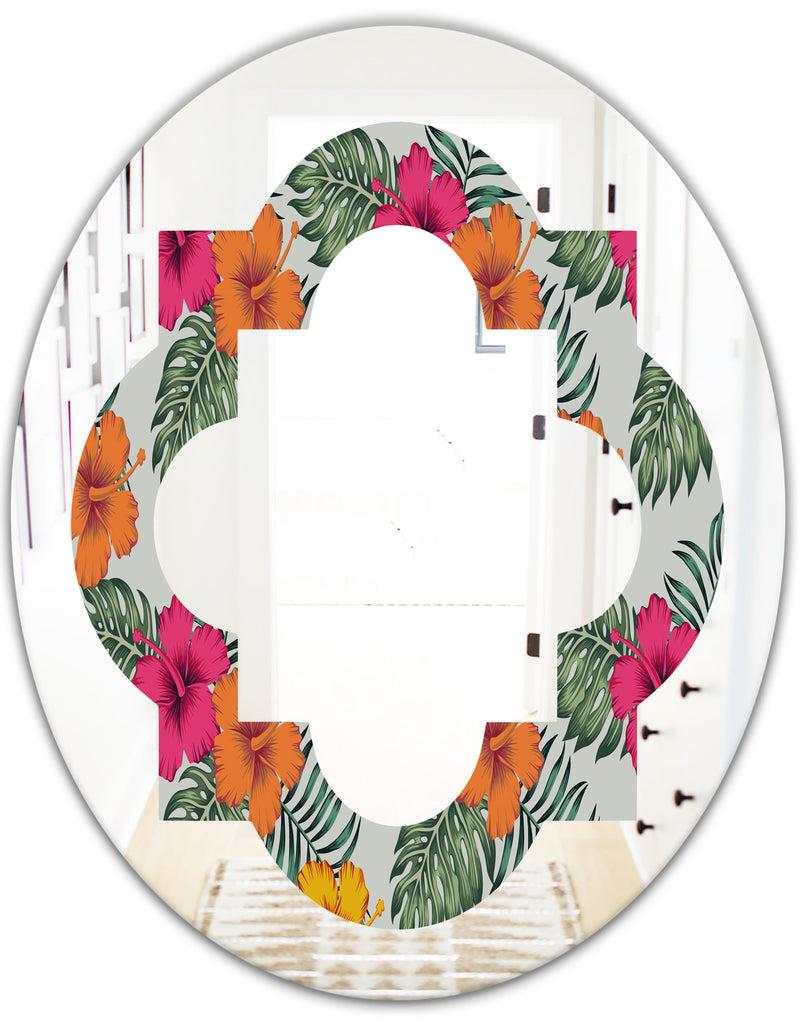 DesignQ Retro Tropical Leaves III - Cottage Round Or Oval Wall Mirror - Quatrefoil