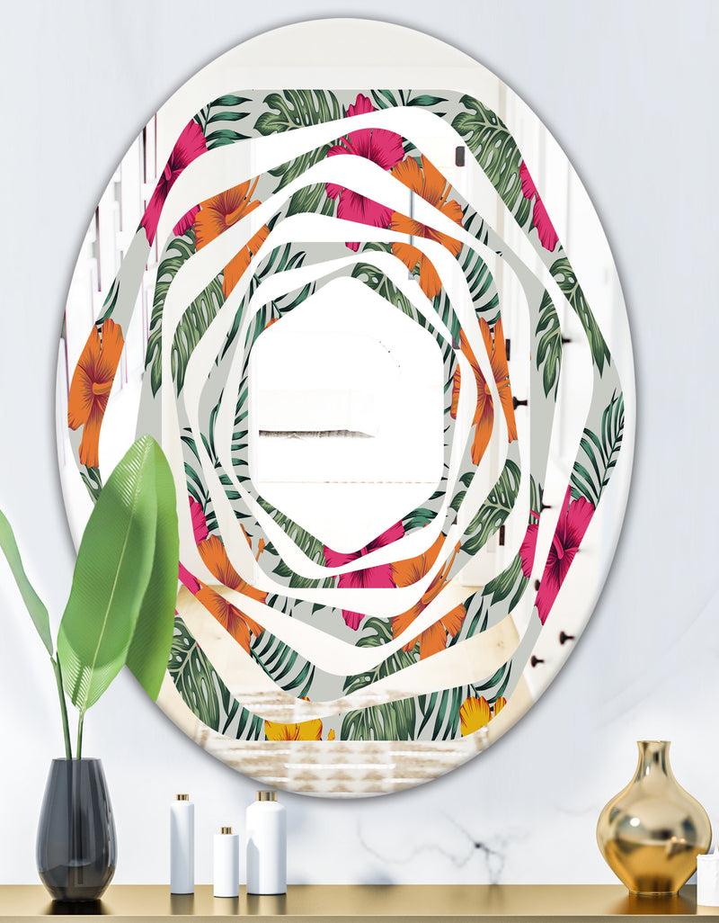DesignQ Retro Tropical Leaves III - Cottage Round Or Oval Wall Mirror - Whirl
