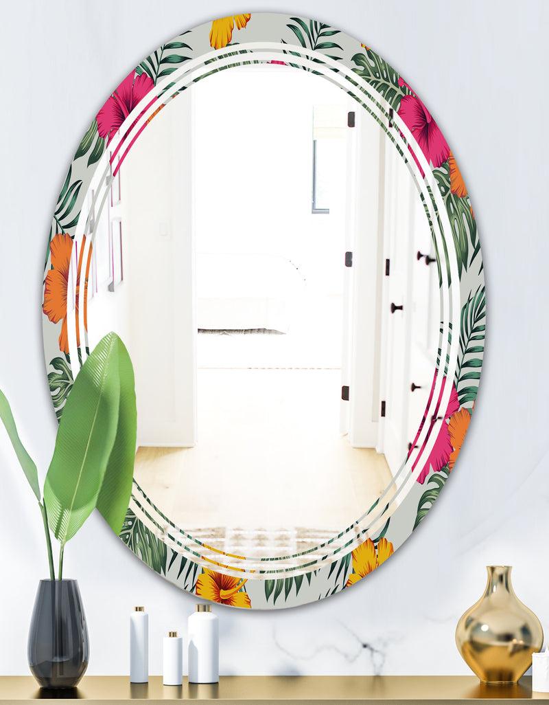 DesignQ Retro Tropical Leaves III - Cottage Round Or Oval Wall Mirror - Triple C