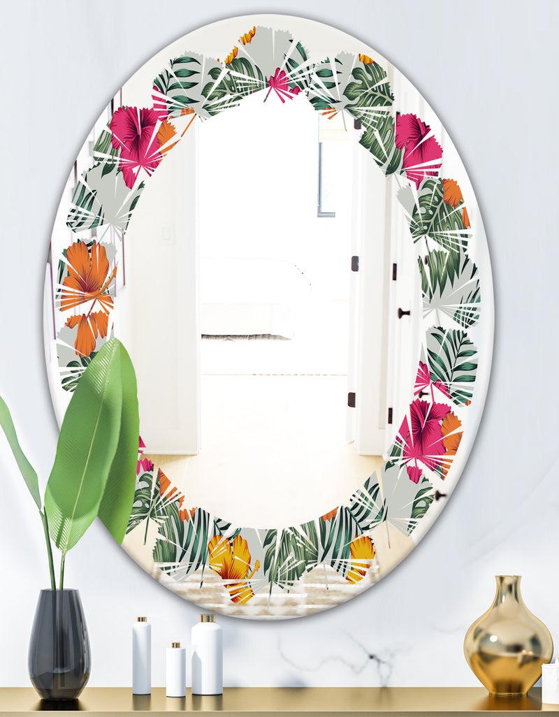 DesignQ Retro Tropical Leaves III - Cottage Round Or Oval Wall Mirror - Leaves