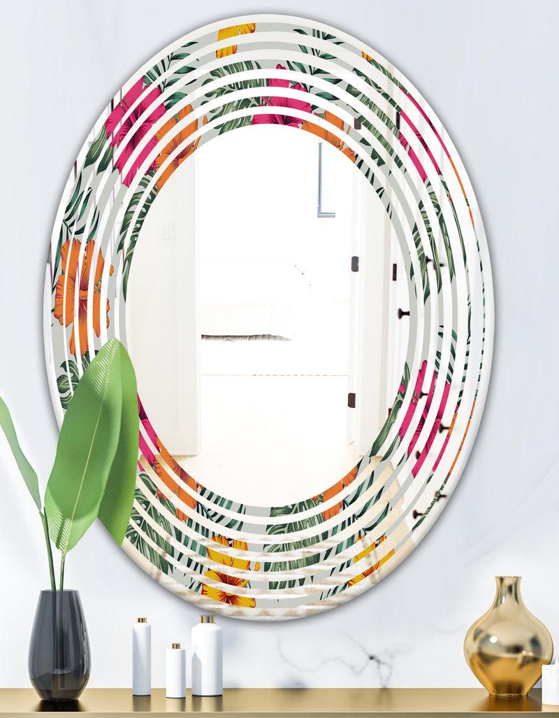 DesignQ Retro Tropical Leaves III - Cottage Round Or Oval Wall Mirror - Wave