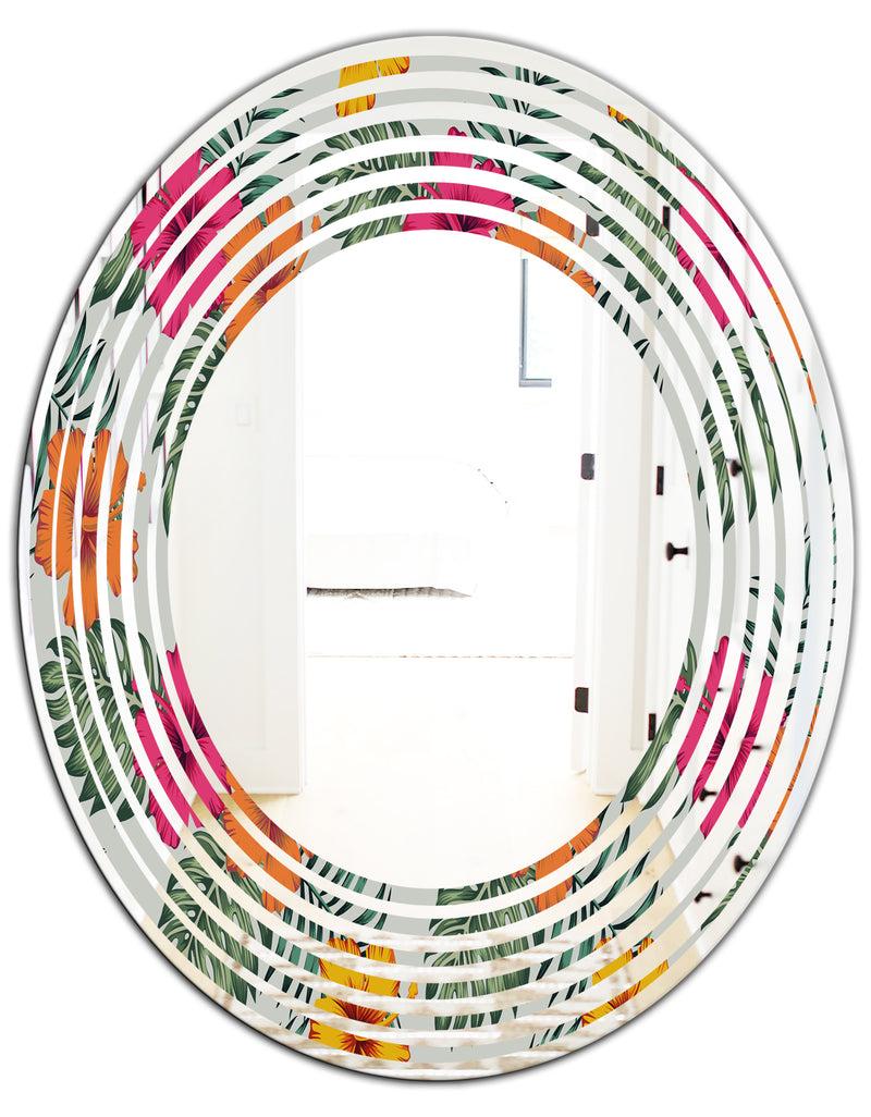 DesignQ Retro Tropical Leaves III - Cottage Round Or Oval Wall Mirror - Wave