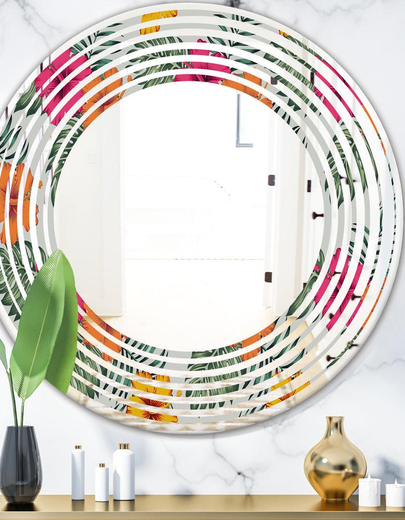 DesignQ Retro tropical Leaves III - Cottage Round or Oval Wall Mirror - Wave