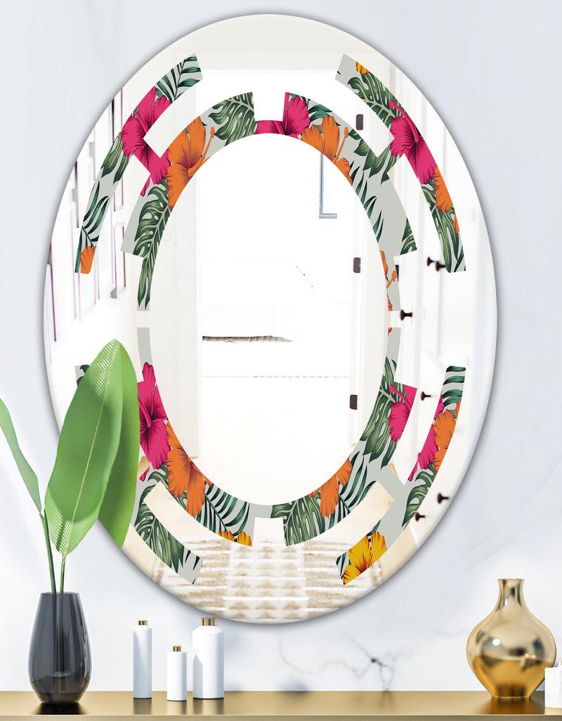 DesignQ Retro Tropical Leaves III - Cottage Round Or Oval Wall Mirror - Space