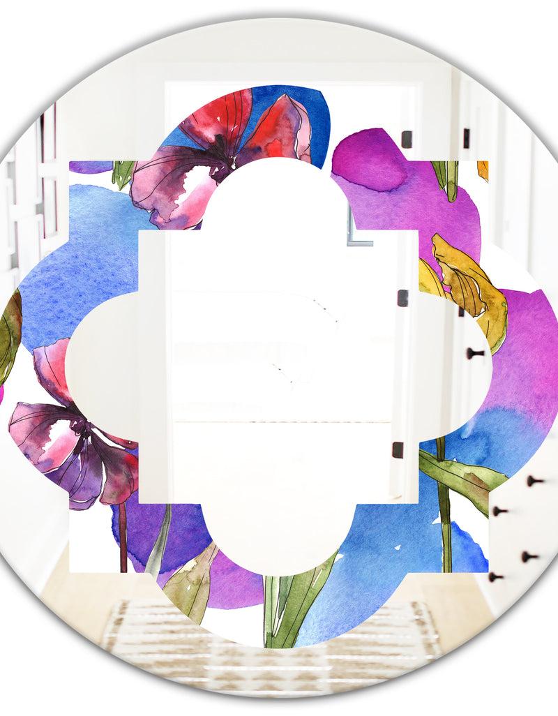DesignQ Retro Tulips In Purple - Cottage Round Or Oval Wall Mirror - Quatrefoil