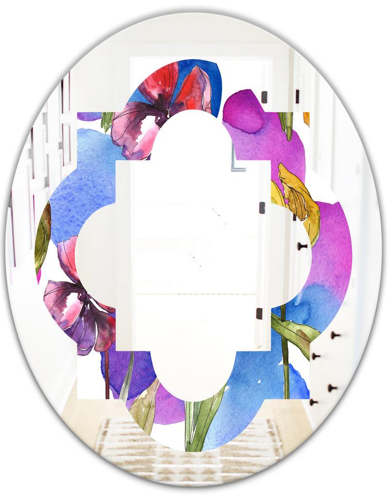 DesignQ Retro Tulips In Purple - Cottage Round Or Oval Wall Mirror - Quatrefoil
