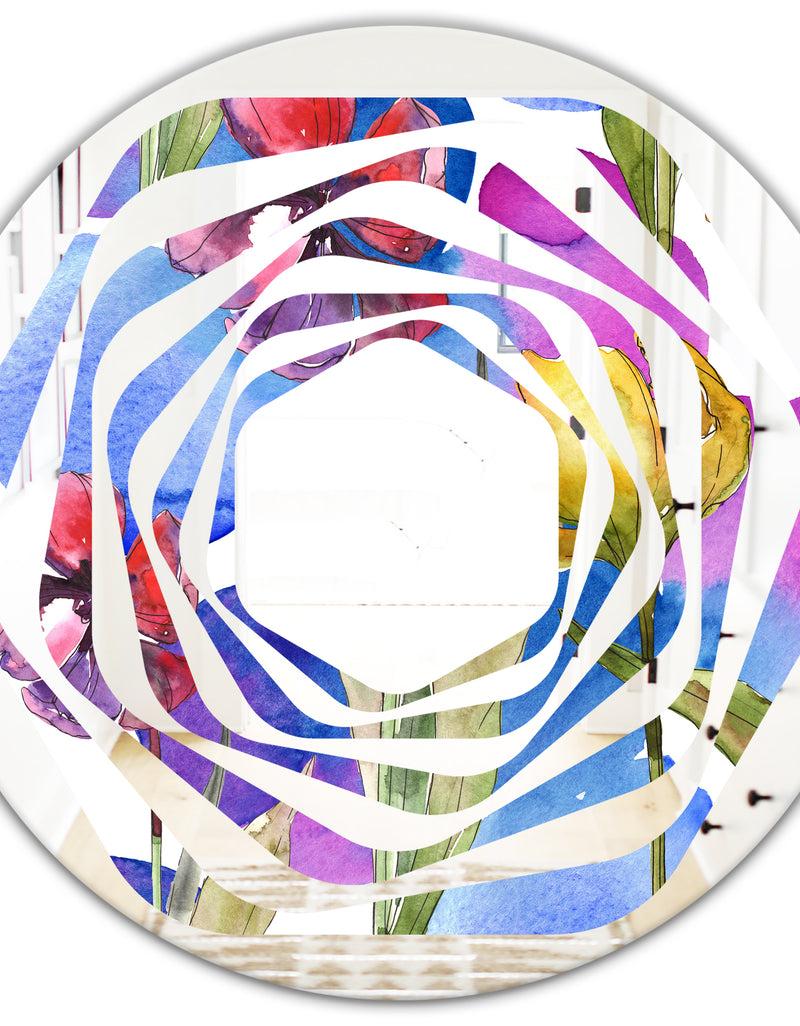 DesignQ Retro Tulips In Purple - Cottage Round Or Oval Wall Mirror - Whirl