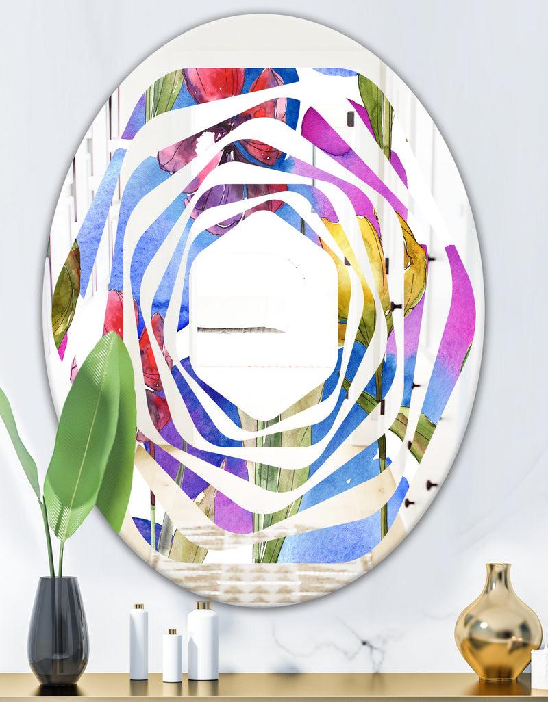 DesignQ Retro Tulips In Purple - Cottage Round Or Oval Wall Mirror - Whirl