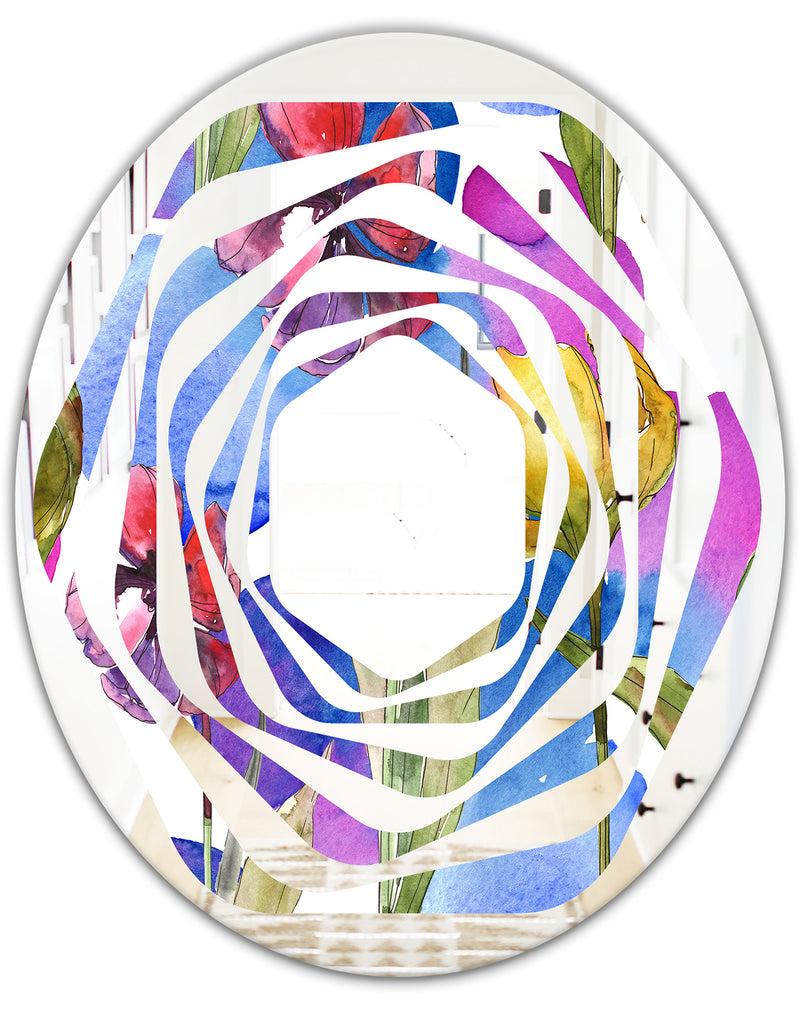 DesignQ Retro Tulips In Purple - Cottage Round Or Oval Wall Mirror - Whirl