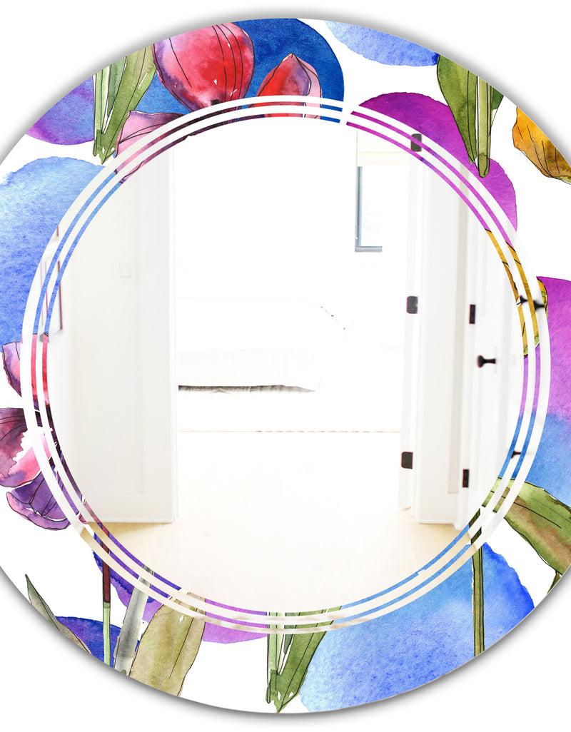 DesignQ Retro Tulips In Purple - Cottage Round Or Oval Wall Mirror - Triple C