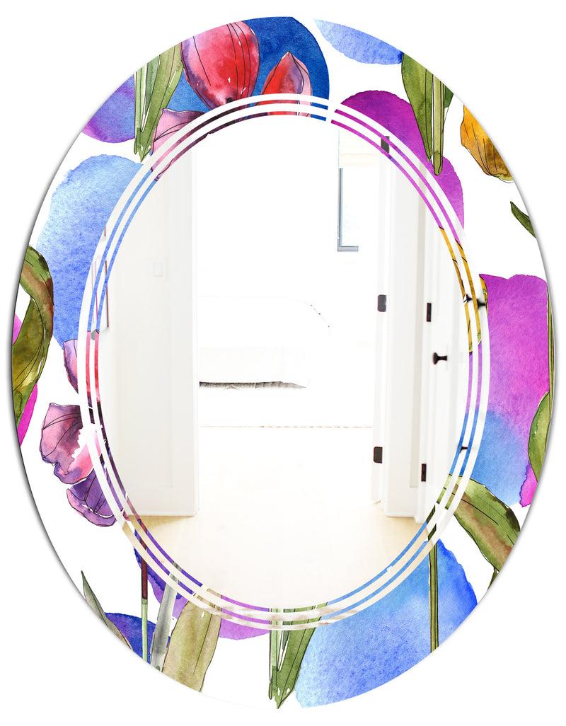 DesignQ Retro Tulips In Purple - Cottage Round Or Oval Wall Mirror - Triple C