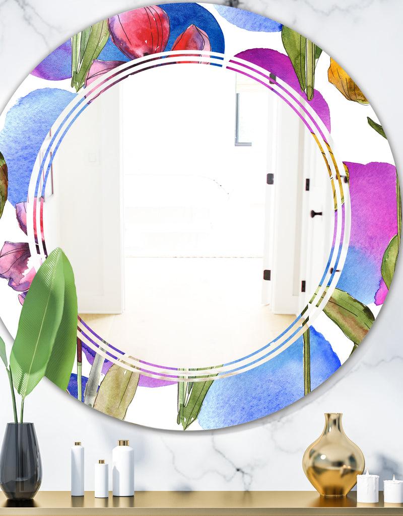 DesignQ Retro Tulips in Purple - Cottage Round or Oval Wall Mirror - Triple C