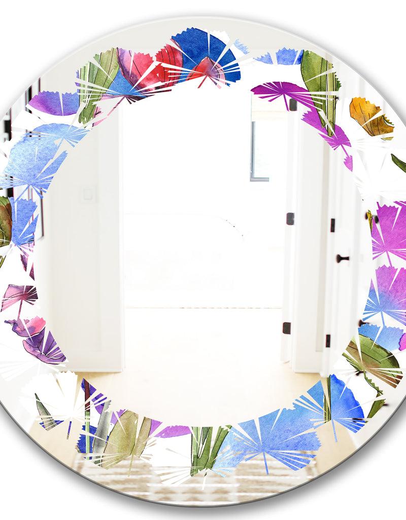 DesignQ Retro Tulips In Purple - Cottage Round Or Oval Wall Mirror - Leaves