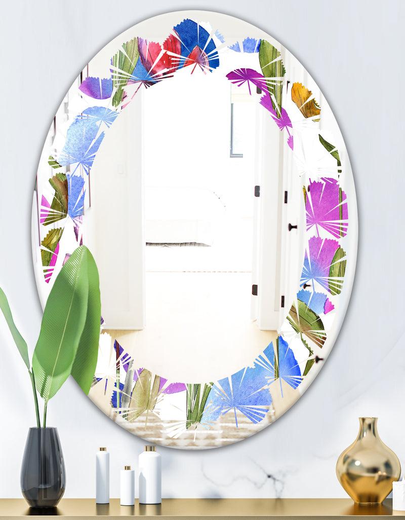 DesignQ Retro Tulips In Purple - Cottage Round Or Oval Wall Mirror - Leaves
