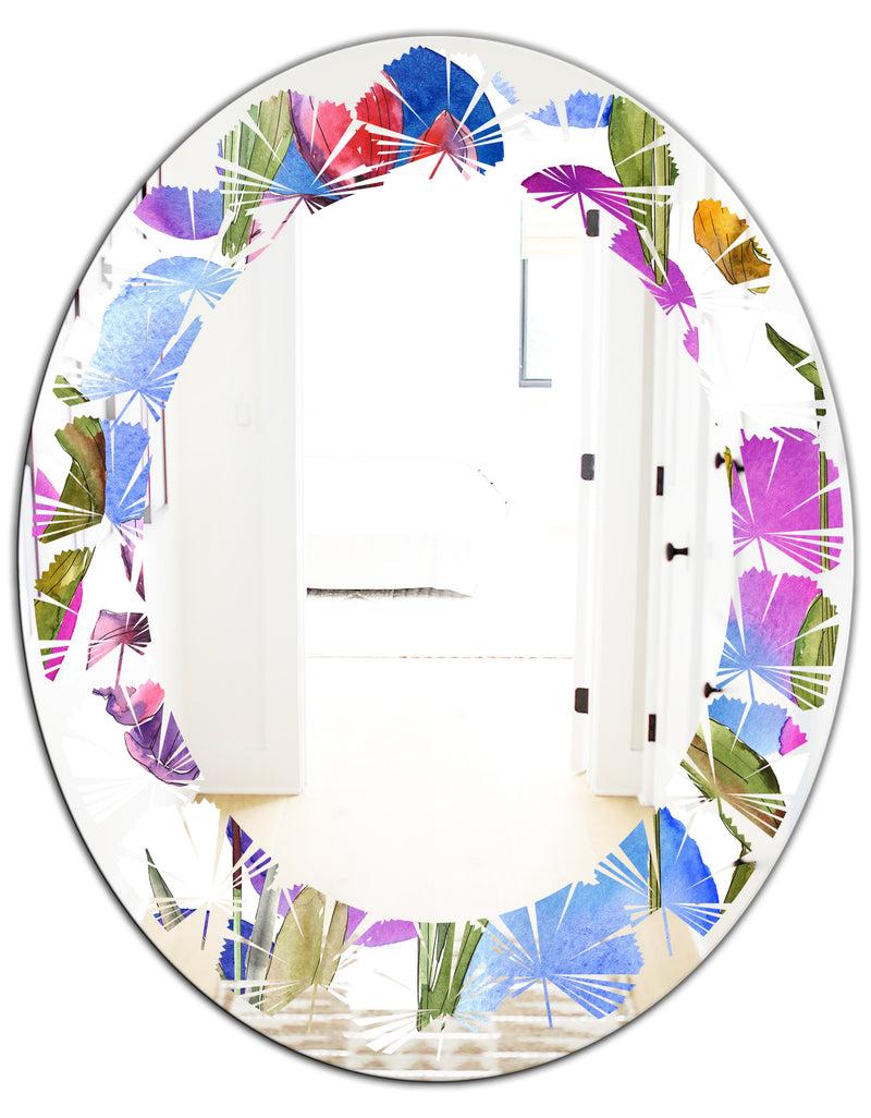 DesignQ Retro Tulips In Purple - Cottage Round Or Oval Wall Mirror - Leaves