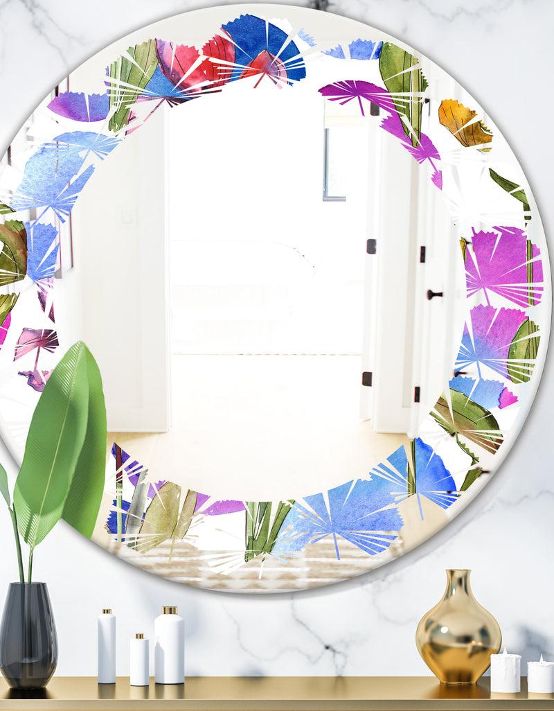 DesignQ Retro Tulips in Purple - Cottage Round or Oval Wall Mirror - Leaves