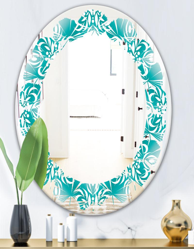 DesignQ Retro Turquoise Pattern - Modern Round Or Oval Wall Mirror - Leaves