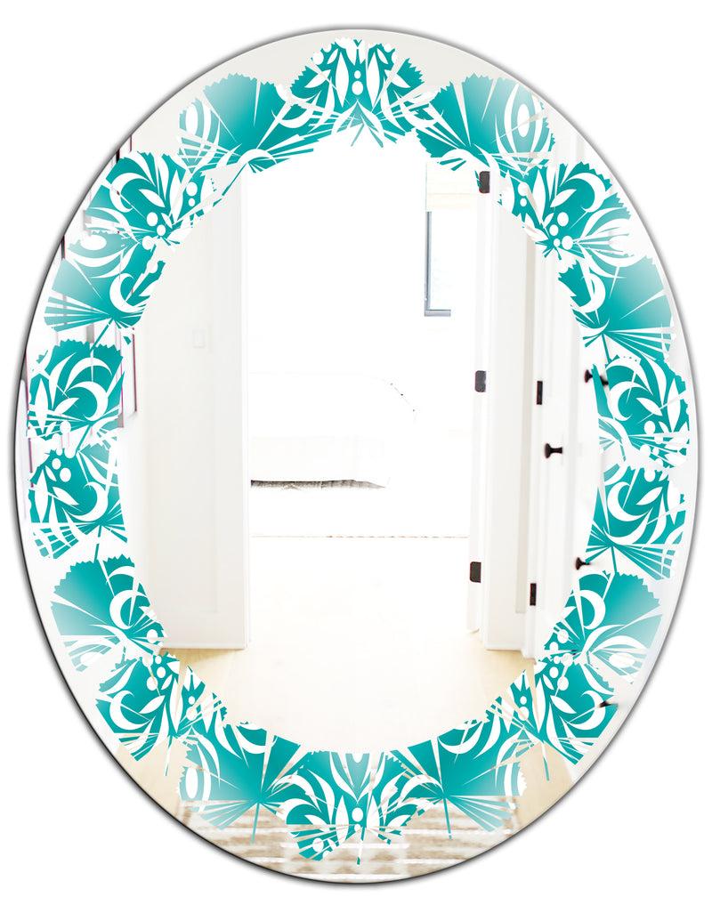 DesignQ Retro Turquoise Pattern - Modern Round Or Oval Wall Mirror - Leaves
