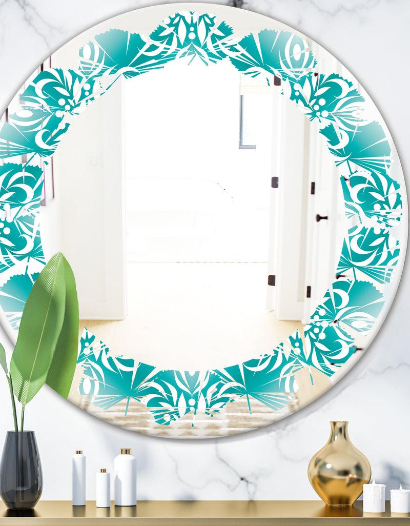 DesignQ Retro Turquoise Pattern - Modern Round or Oval Wall Mirror - Leaves
