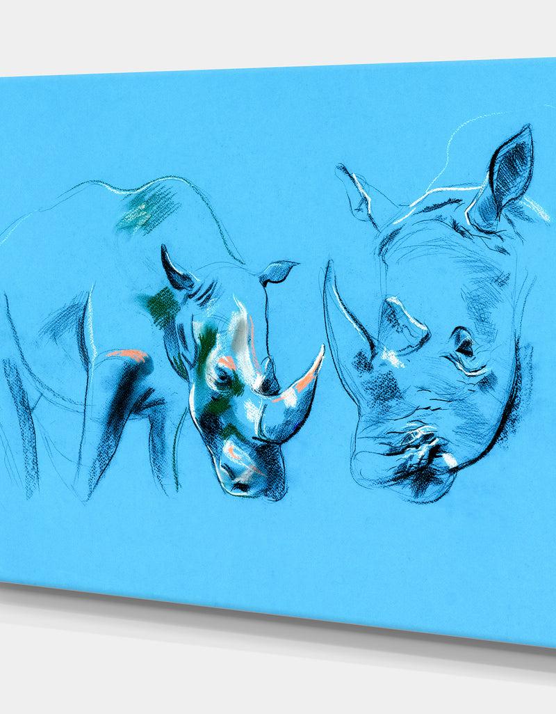DesignQ Rhinoceros Painting In Blue Background - Animals Sketch Painting Print On Wrapped Canvas