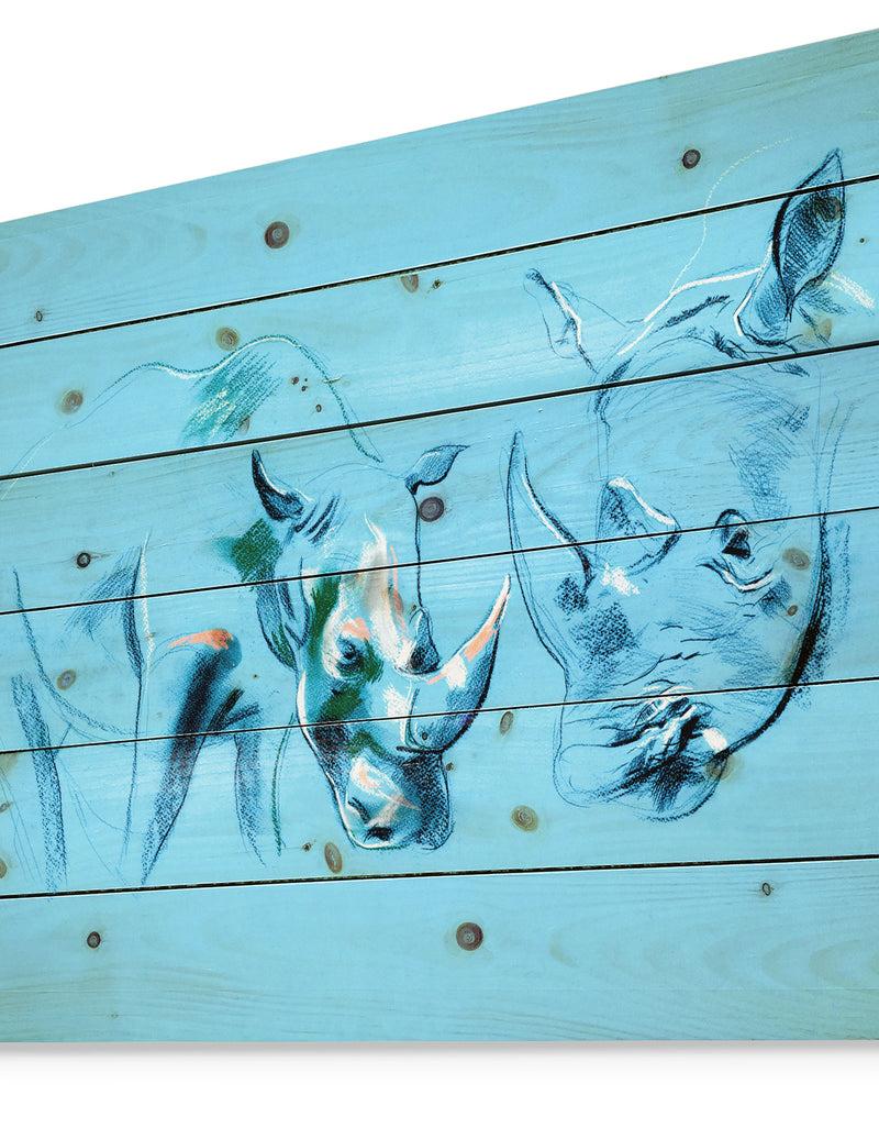 DesignQ Rhinoceros Painting In Blue Background - Animals Sketch Painting Print On Natural Pine Wood