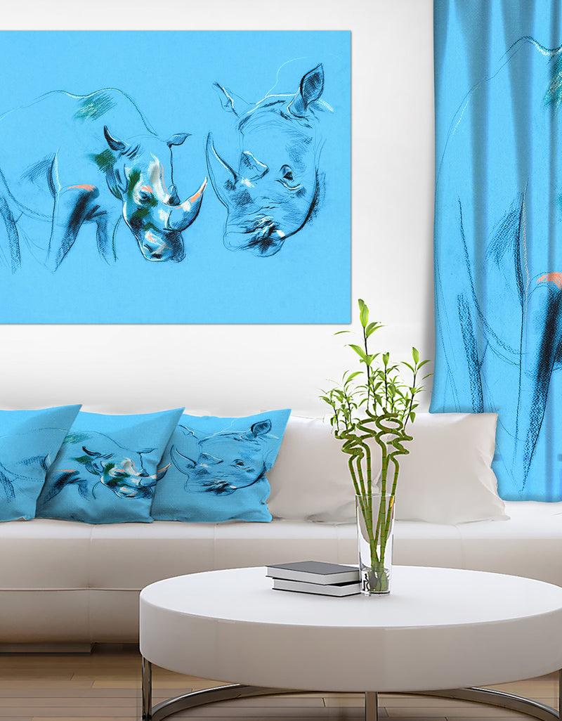 DesignQ Rhinoceros painting in Blue Background - Animals Sketch Painting Print on Wrapped Canvas