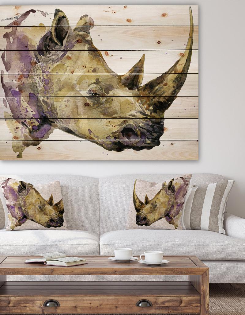 DesignQ Rhinoceros watercolor - Animals Painting Print on Natural Pine Wood