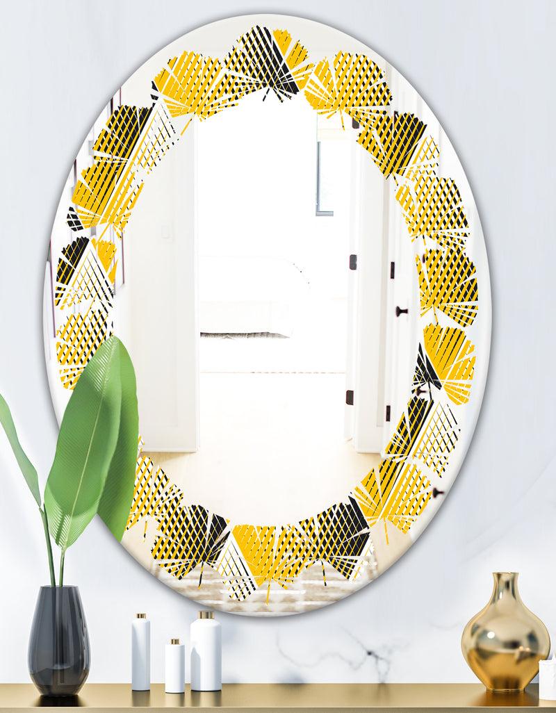 DesignQ Rhombus Retro Geometric - Modern Round Or Oval Wall Mirror - Leaves