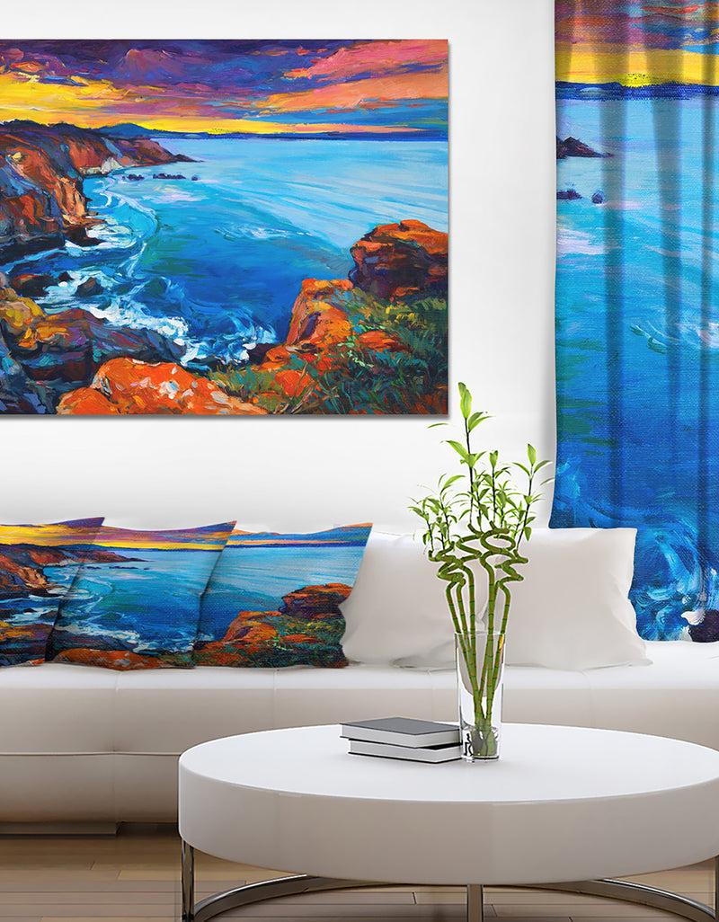 DesignQ Rich Golden Sunset Over Ocean and Cliffs - Sea & Shore Painting Print on Wrapped Canvas