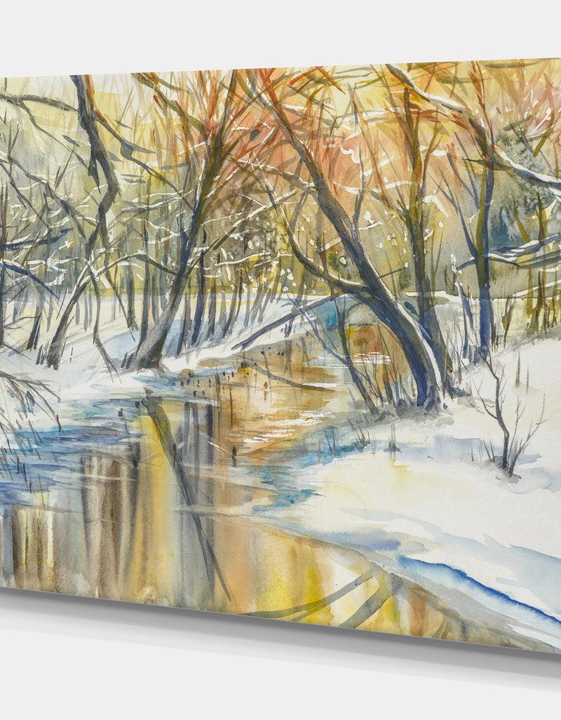 DesignQ River In Forest At Sunset - Landscapes Painting Print On Wrapped Canvas