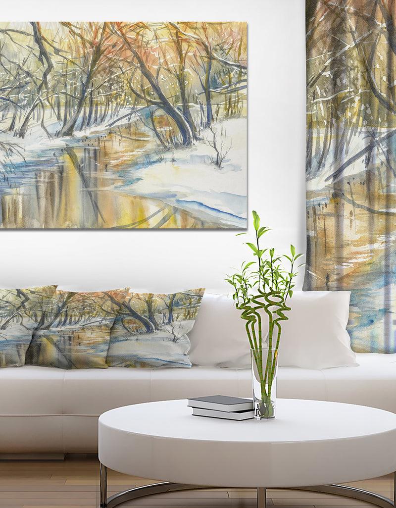 DesignQ River in Forest at Sunset - Landscapes Painting Print on Wrapped Canvas