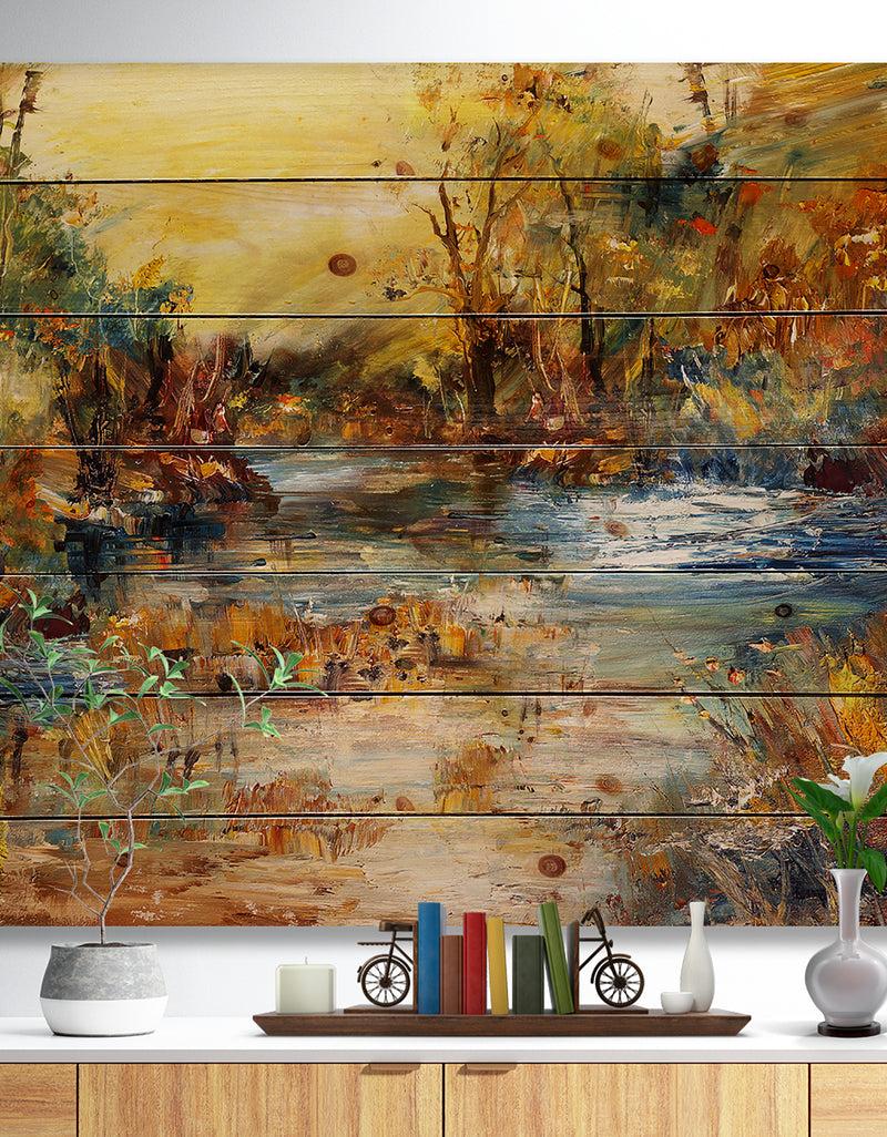 DesignQ River in Forest Oil Painting - Landscape Print on Natural Pine Wood