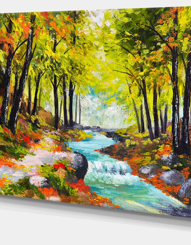 DesignQ River In Green Autumn Forest - Landscape Painting Canvas Print