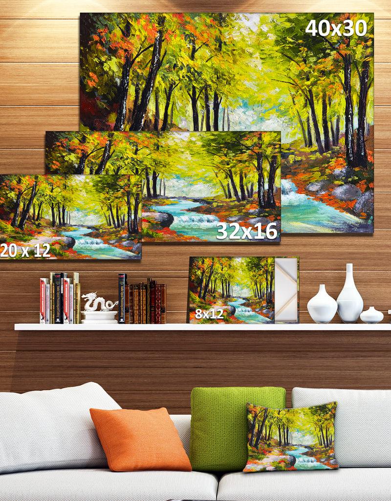 DesignQ River In Green Autumn Forest - Landscape Painting Canvas Print