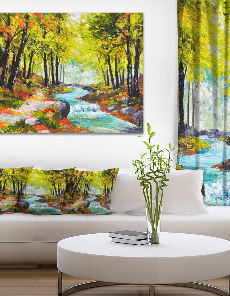 DesignQ River in Green Autumn Forest - Landscape Painting Canvas Print