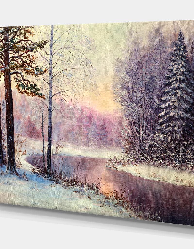 DesignQ River In Winter Landscape - Landscapes Painting Print On Wrapped Canvas