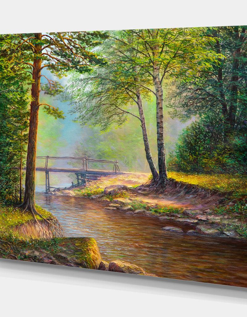 DesignQ River With Bridge In Summer Forest - Landscapes Painting Print On Wrapped Canvas