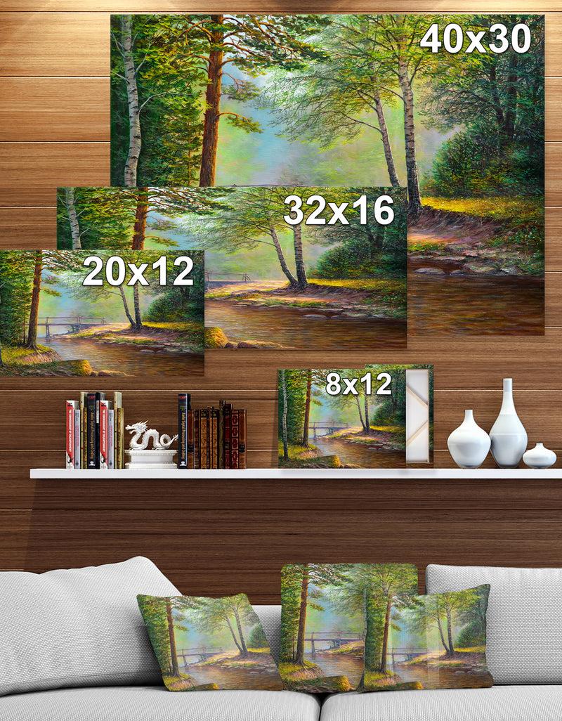 DesignQ River With Bridge In Summer Forest - Landscapes Painting Print On Wrapped Canvas