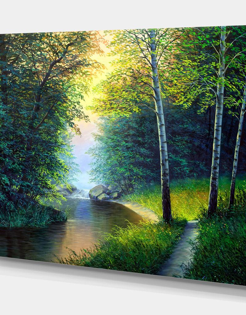 DesignQ River With Waterful - Landscapes Painting Print On Wrapped Canvas