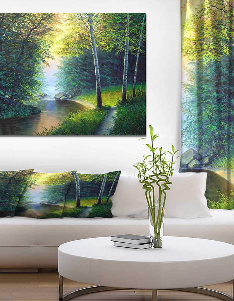 DesignQ River with Waterful - Landscapes Painting Print on Wrapped Canvas