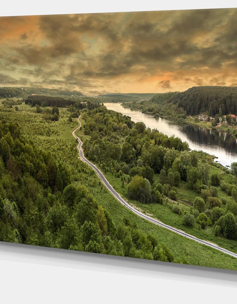 DesignQ Road Along The Nemunas In Green - Landscape Artwork Canvas
