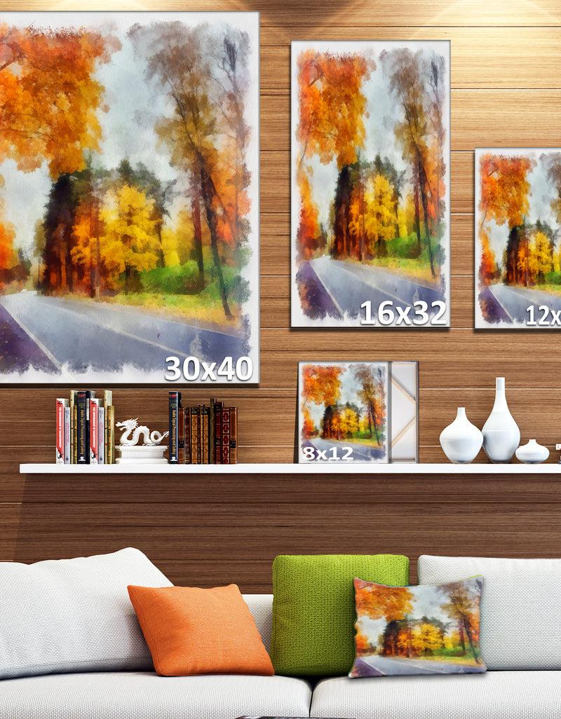 DesignQ Road And Forest Sketch Watercolor - Landscape Canvas Wall Art