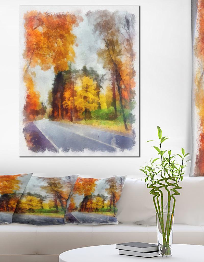 DesignQ Road and Forest Sketch Watercolor - Landscape Canvas Wall Art