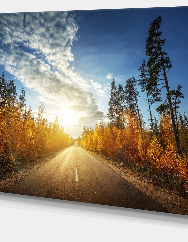 DesignQ Road In Fall Forest Panorama - Extra Large Landscape Canvas Art Print