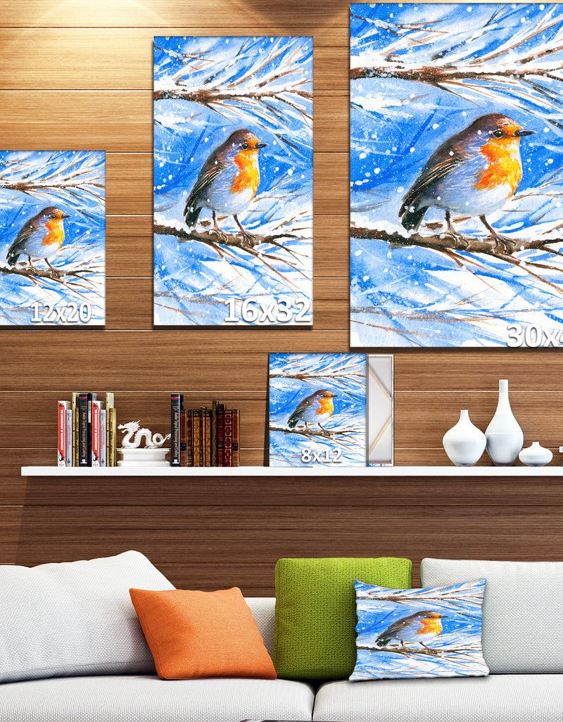 DesignQ Robin In Winter - Animals Painting Print On Wrapped Canvas